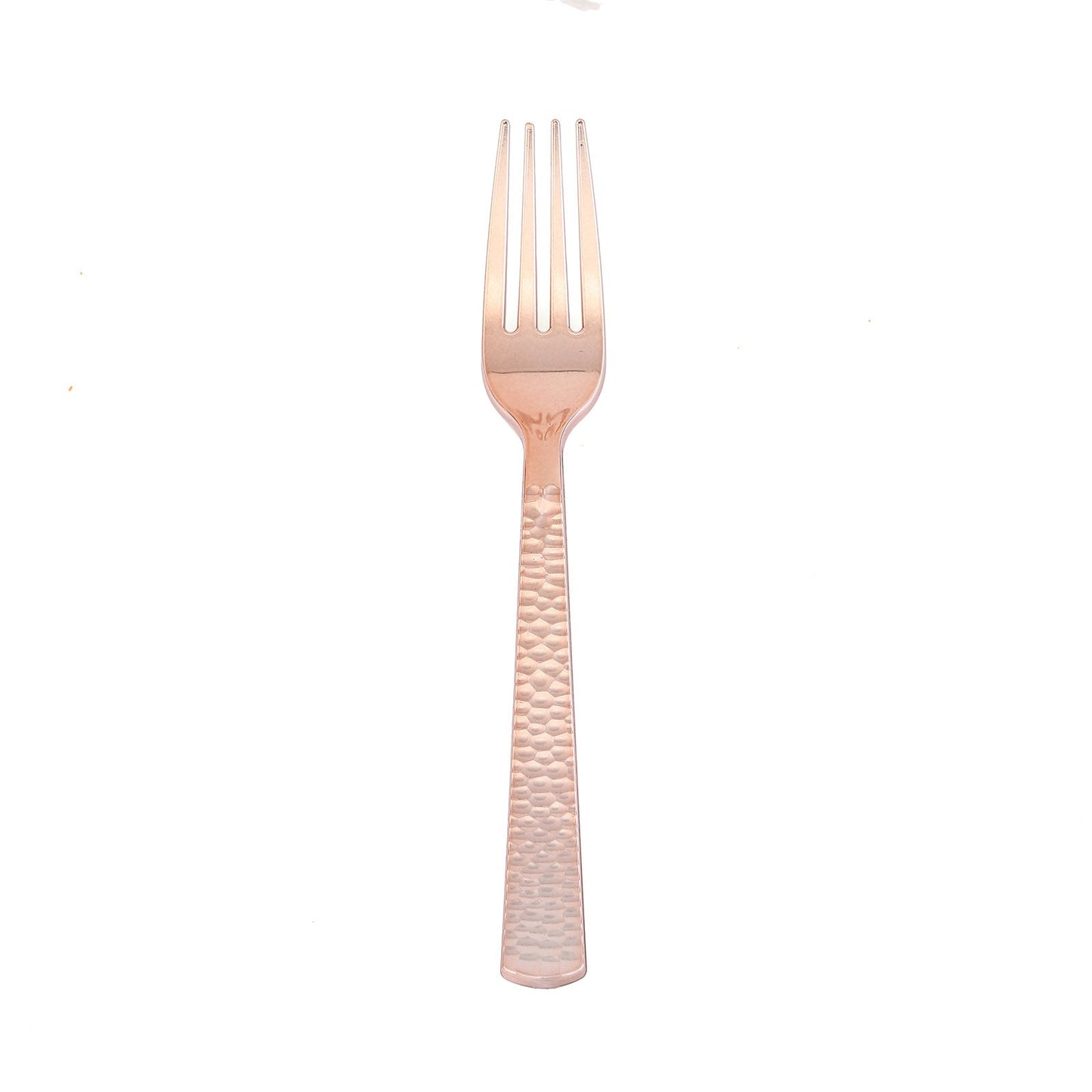 Rose gold heavy duty plastic fork, 7 inches long, with a hammered style design.