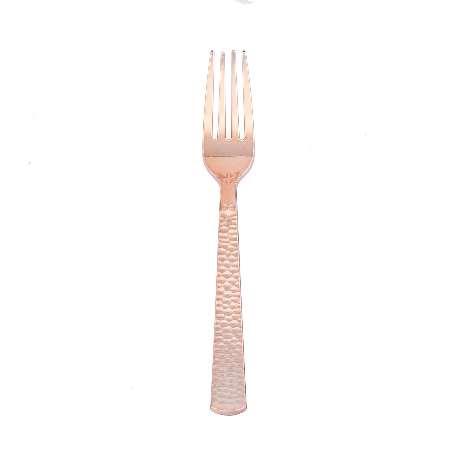 Rose gold heavy duty plastic fork, 7 inches long, with a hammered style design.