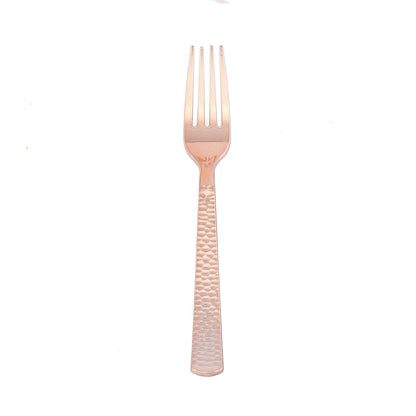 Rose gold heavy duty plastic fork, 7 inches long, with a hammered style design.