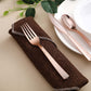 24 Pack rose gold hammered style heavy duty plastic forks on a brown napkin.