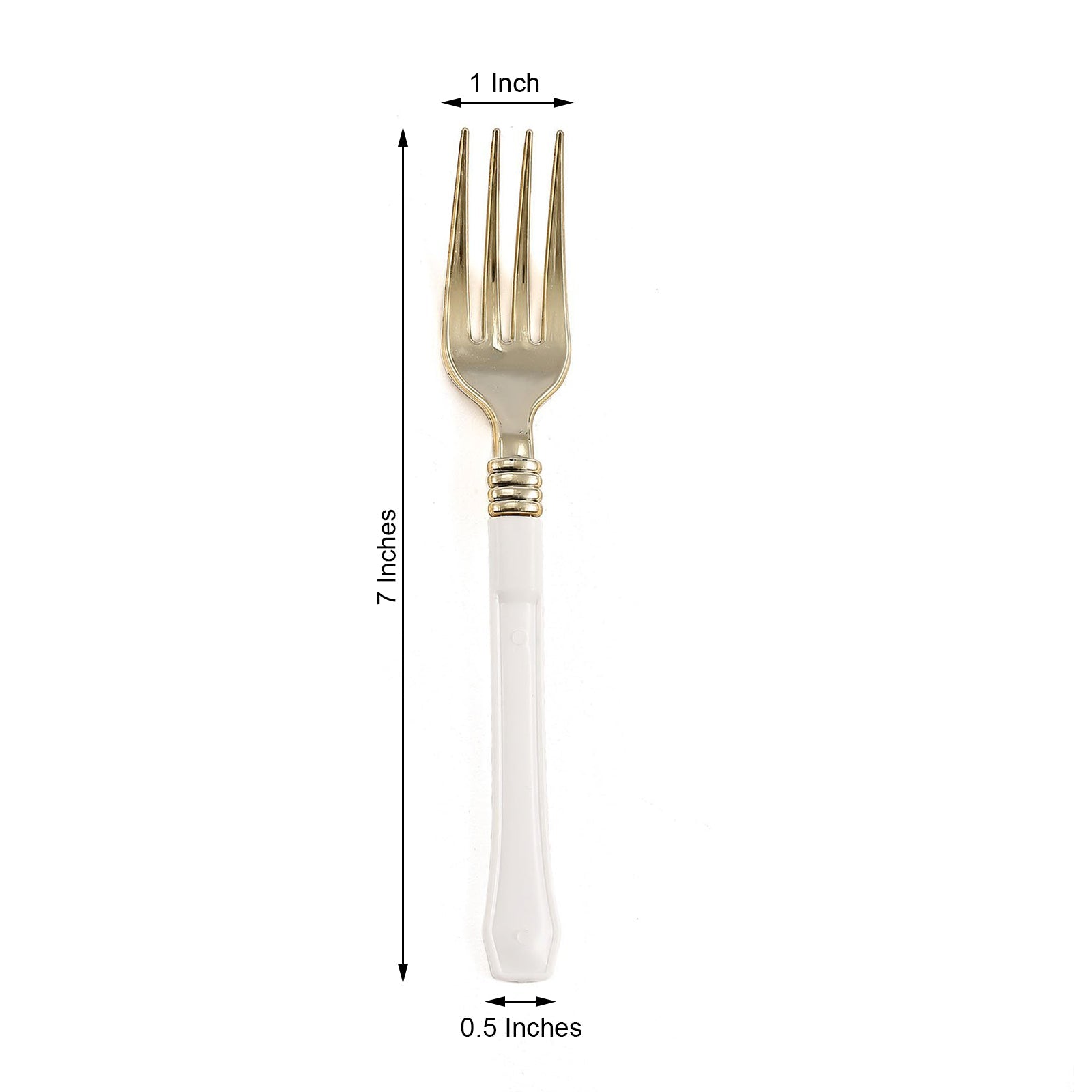 Gold plastic fork with white handle, 7 inches long. 24 pack.