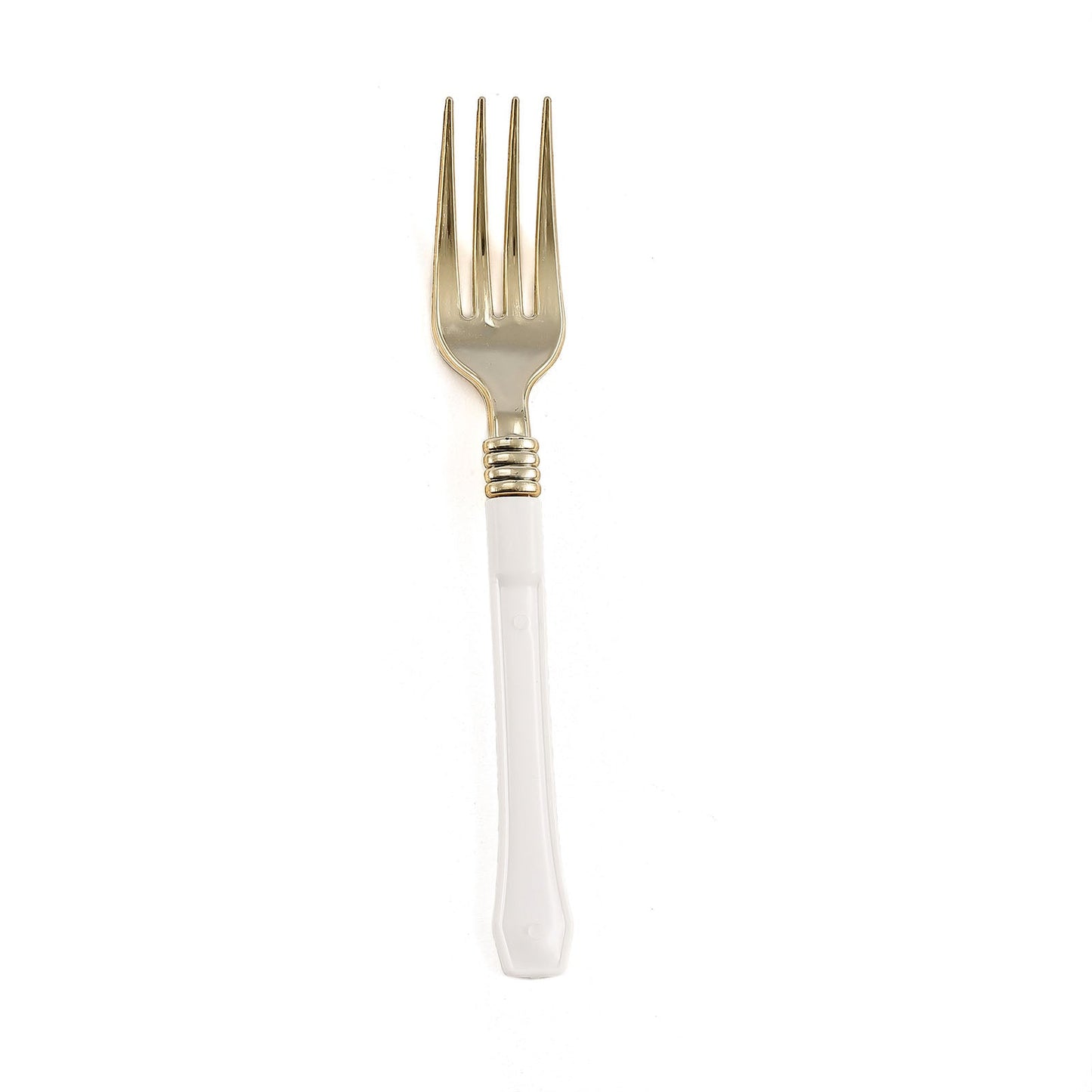 Gold heavy duty plastic fork with white handle.