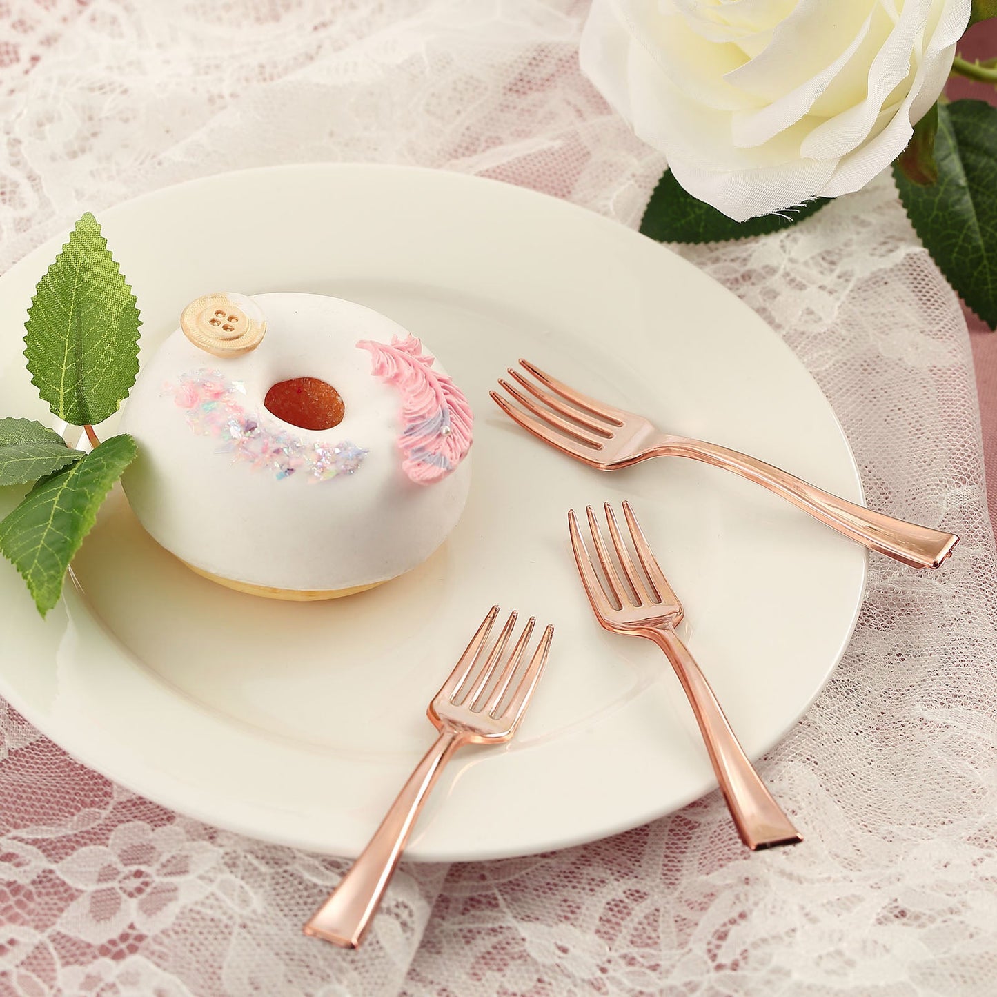 Rose Gold Mini 4 Inch Heavy Duty Plastic Dessert Appetizer Forks 24 Pack