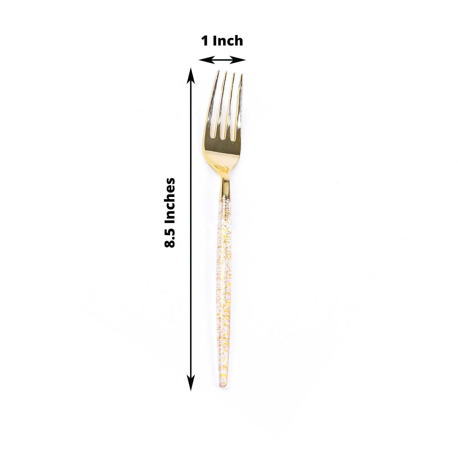 Gold glittered disposable fork, 8.5 inches long.