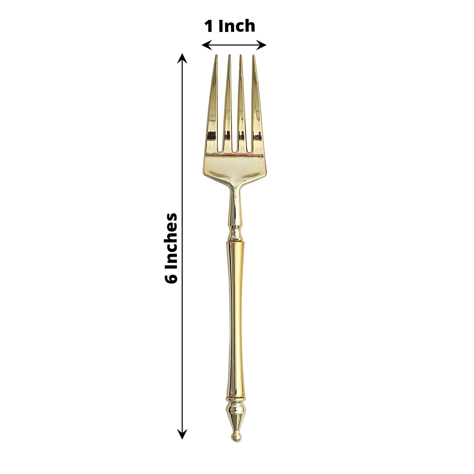 Gold plastic dessert fork with Roman column handle, 6 inches long.