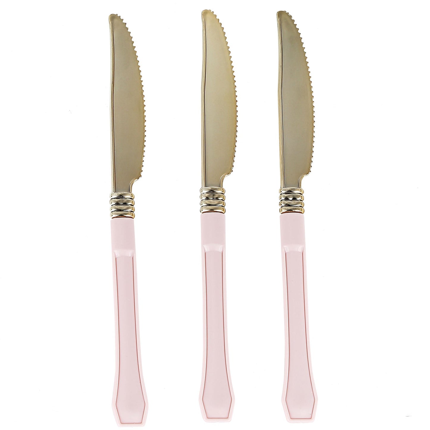 Gold disposable knives with blush handles, perfect for parties and events.