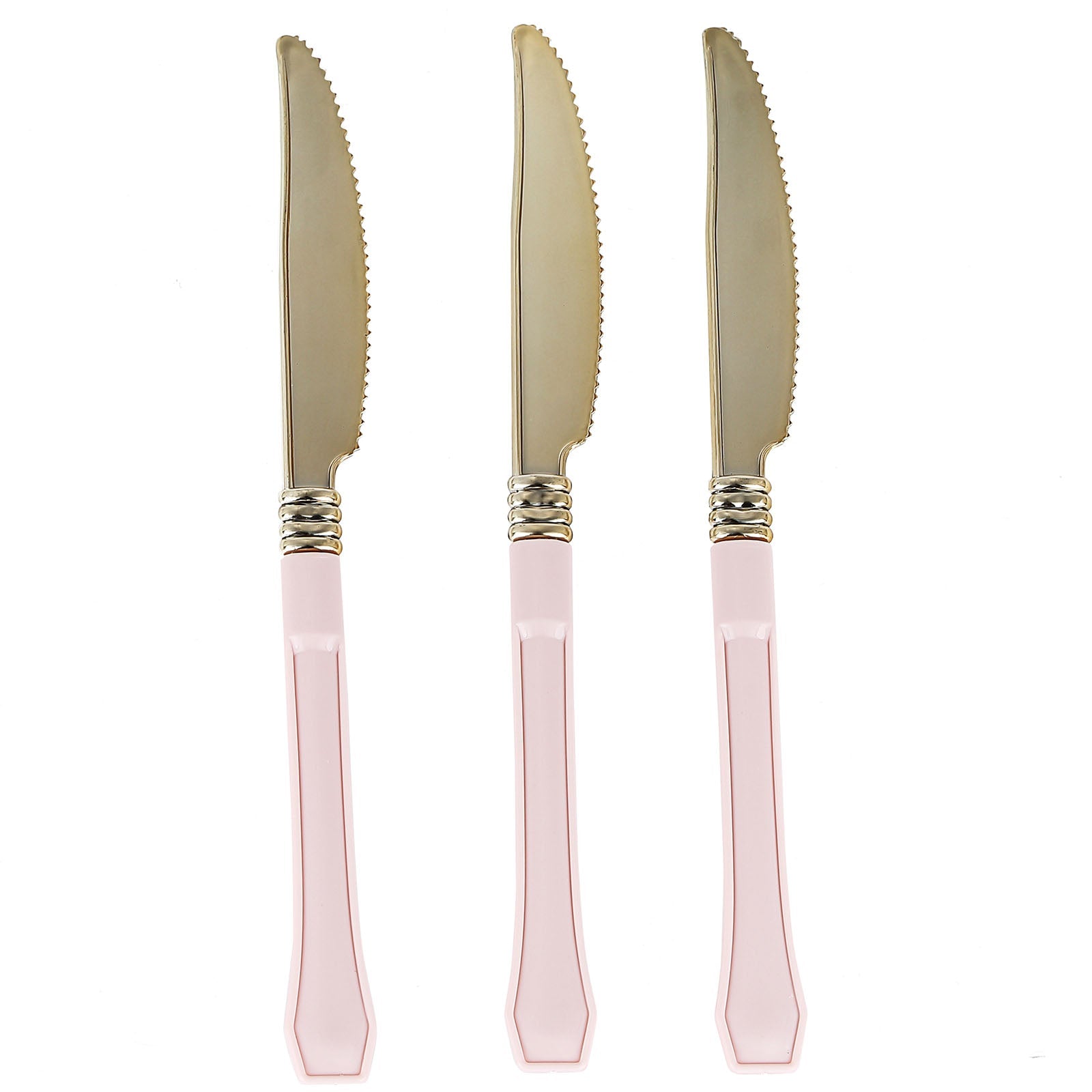 Gold disposable knives with blush handles, perfect for parties and events.