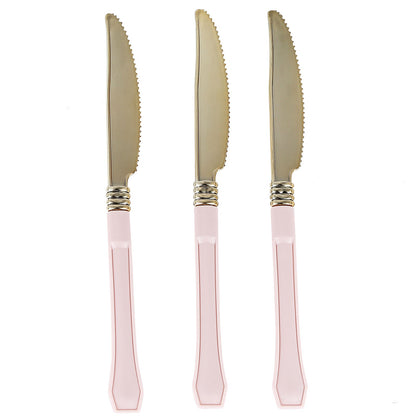 Gold disposable knives with blush handles, perfect for parties and events.