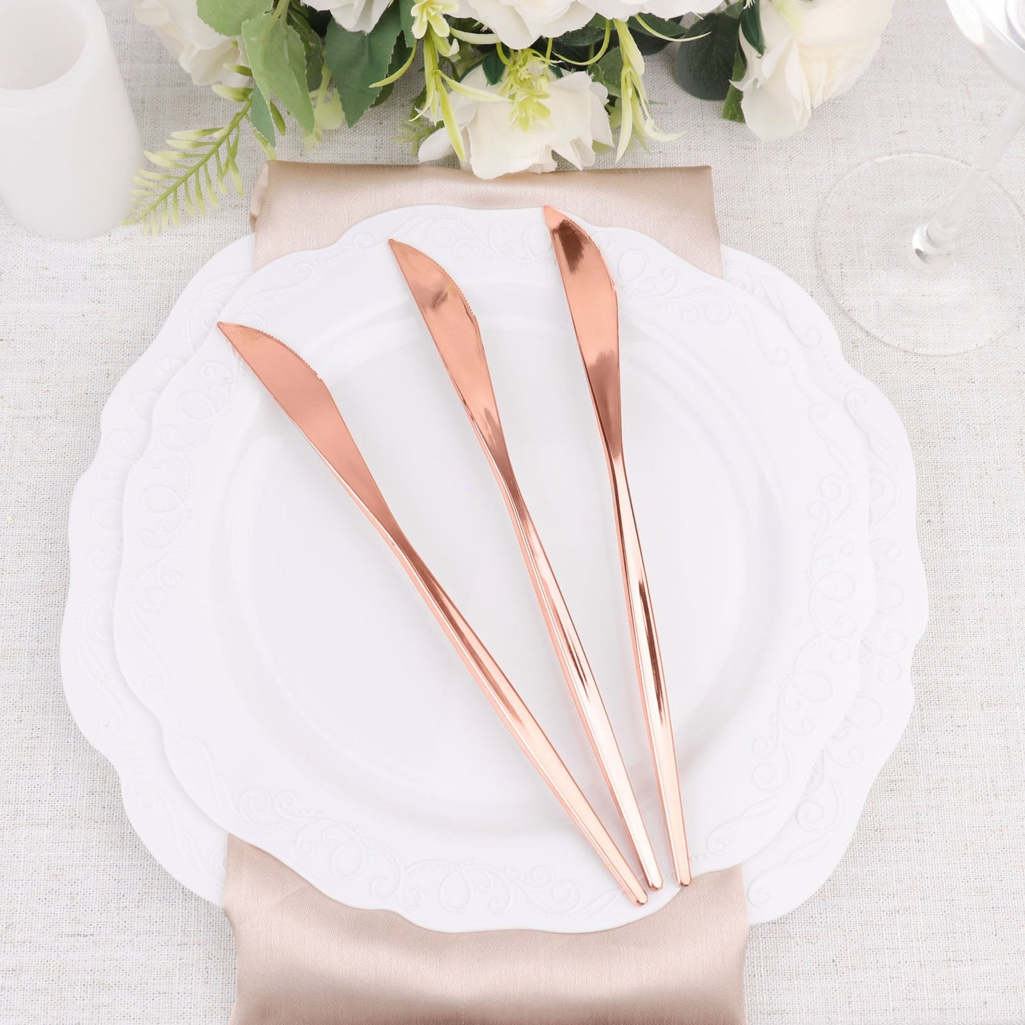 Glossy Rose Gold Premium Heavy Duty Disposable Modern Silverware Knives Flatware Cutlery 8 Inch 24 Pack