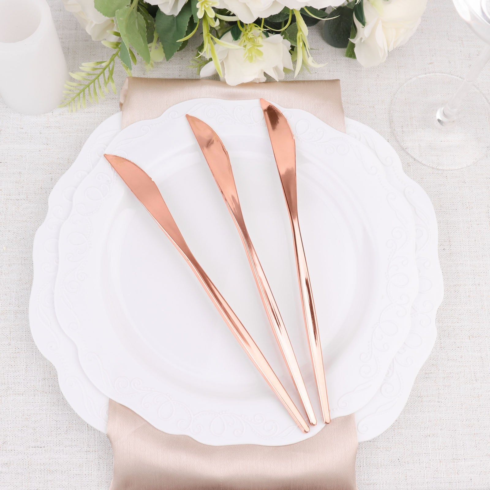 Glossy Rose Gold Premium Heavy Duty Disposable Modern Silverware Knives Flatware Cutlery 8 Inch 24 Pack