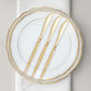 Gold glittered disposable knives on an elegant plate.