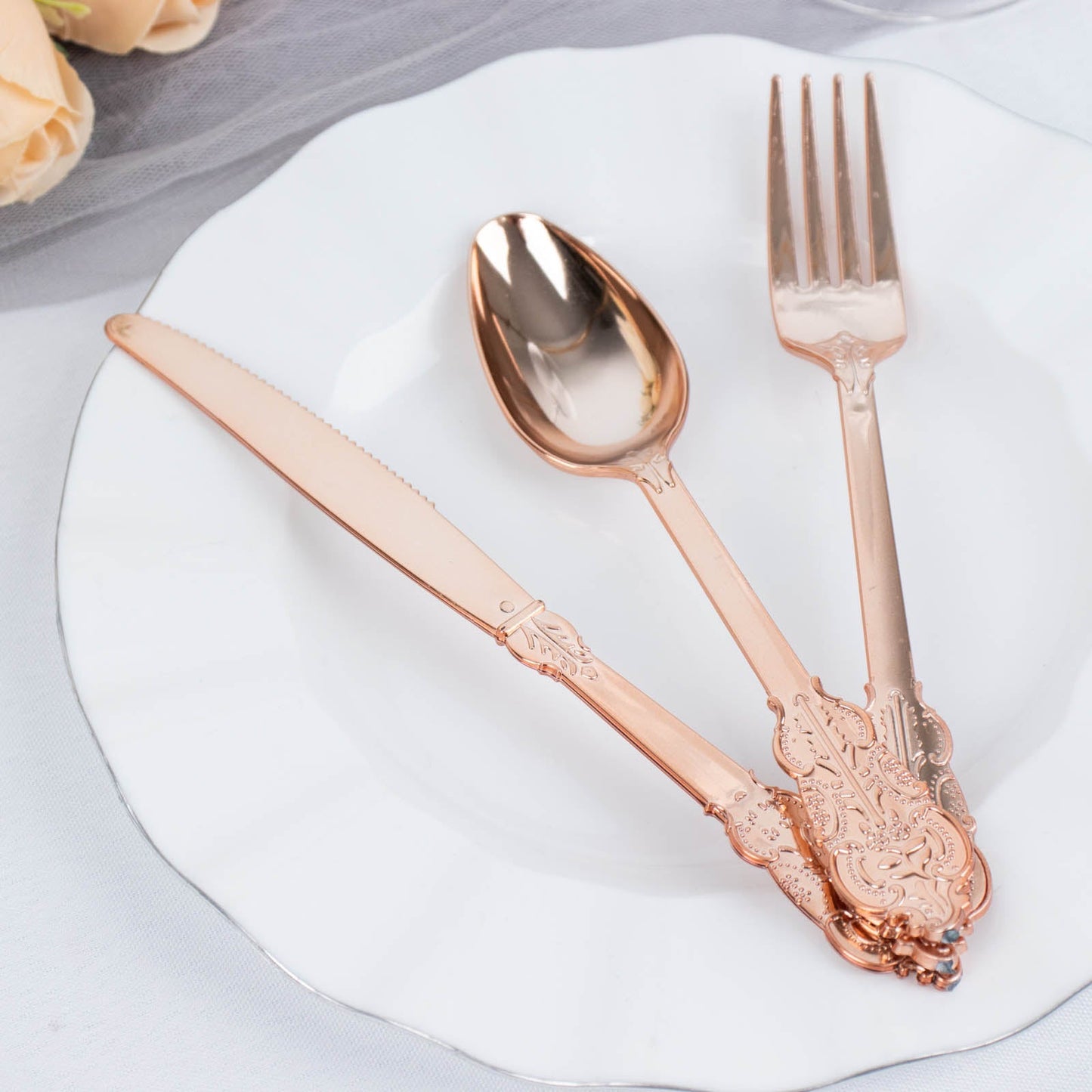 24 Pack | Metallic Rose Gold Baroque Style Heavy Duty Plastic Silverware Set