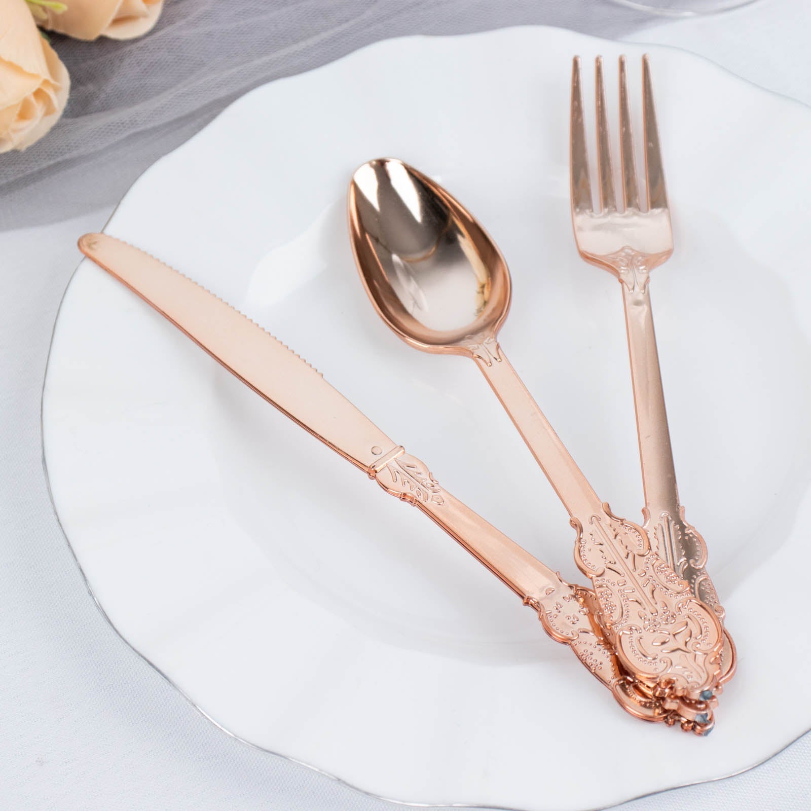 24 Pack | Metallic Rose Gold Baroque Style Heavy Duty Plastic Silverware Set