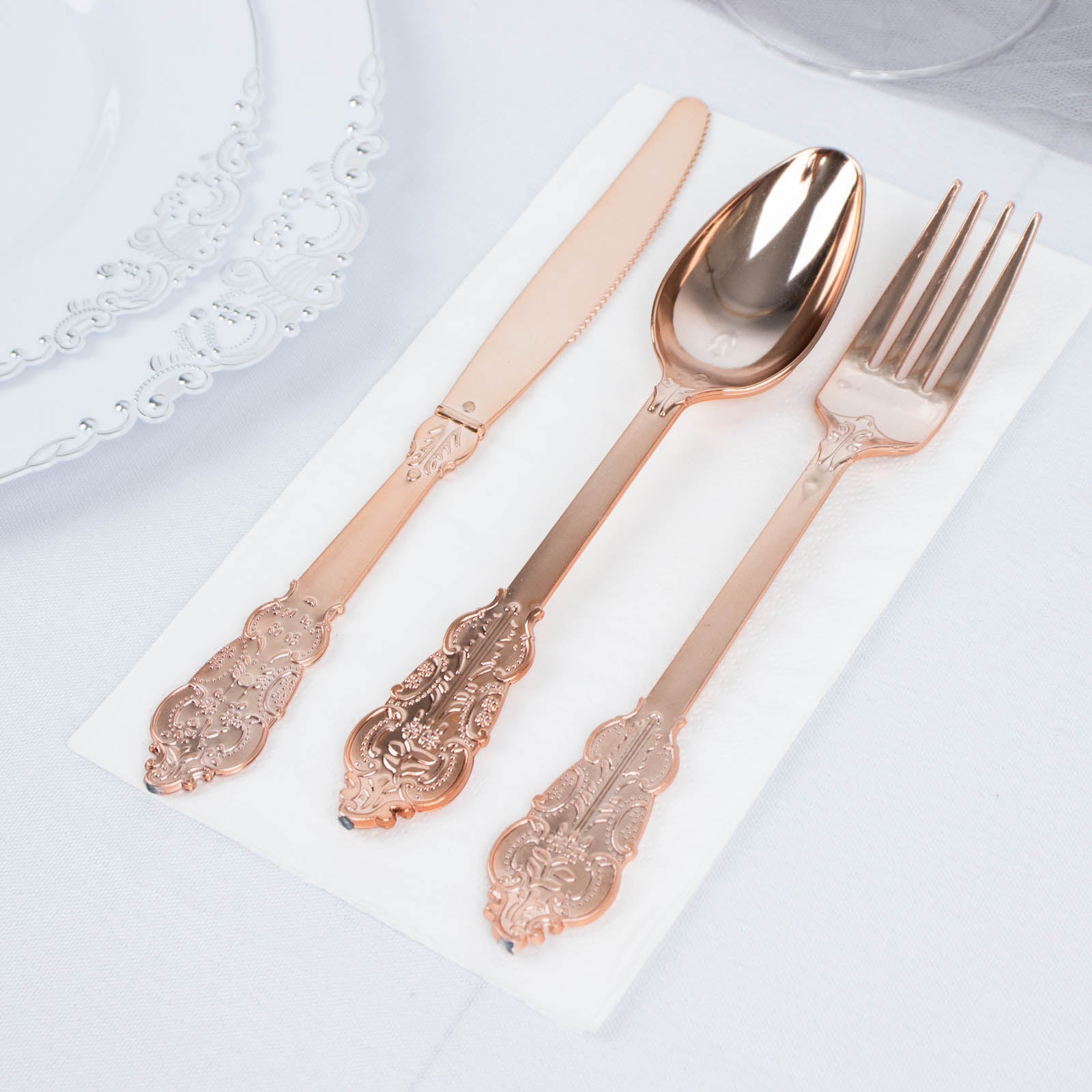 24 Pack | Metallic Rose Gold Baroque Style Heavy Duty Plastic Silverware Set