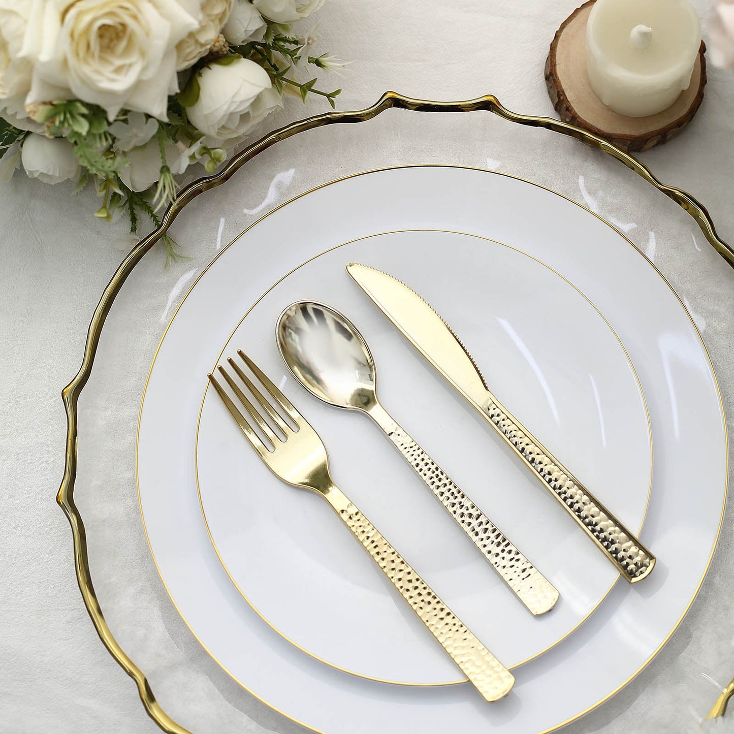 24 Pack | 7" Hammered Design Gold Heavy Duty Plastic Silverware Set