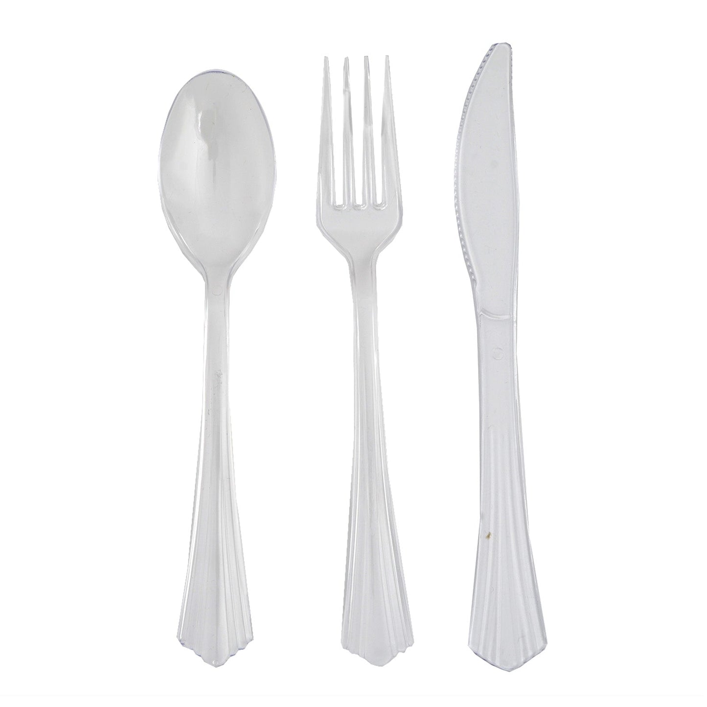 Clear plastic cutlery set: spoon, fork, and knife for convenient dining.