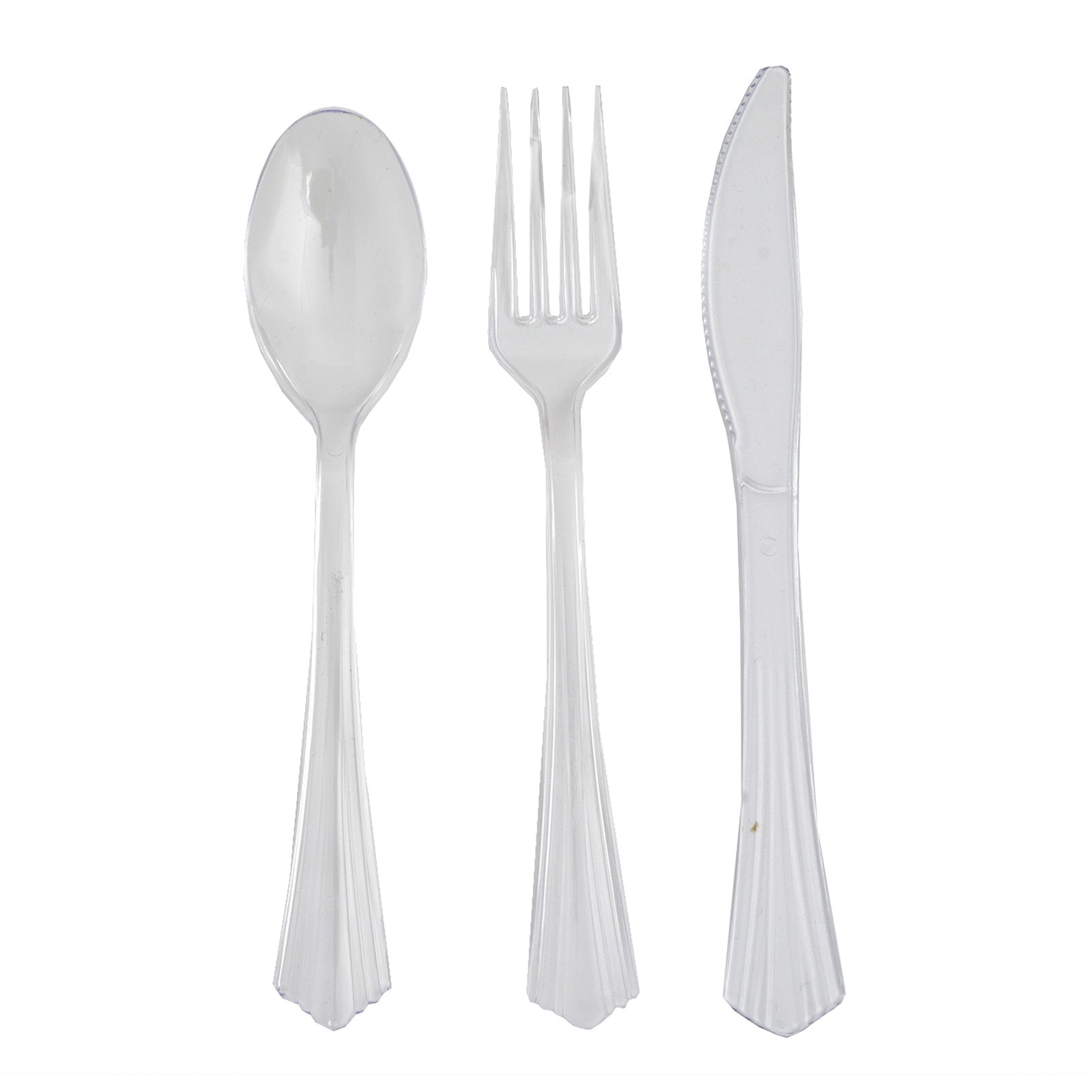 Clear plastic cutlery set: spoon, fork, and knife for convenient dining.