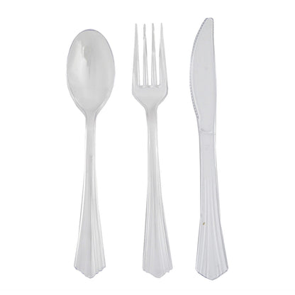 Clear plastic cutlery set: spoon, fork, and knife for convenient dining.