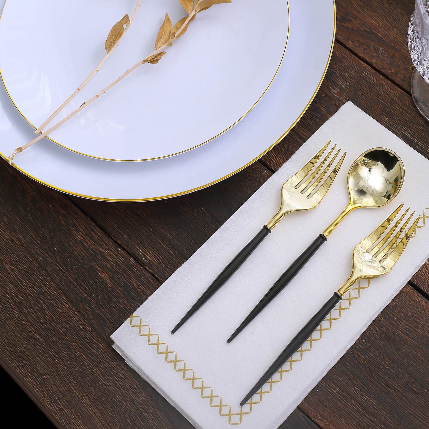24 Pack | 6inch Gold / Black Premium Plastic Fork / Spoon Utensil Set