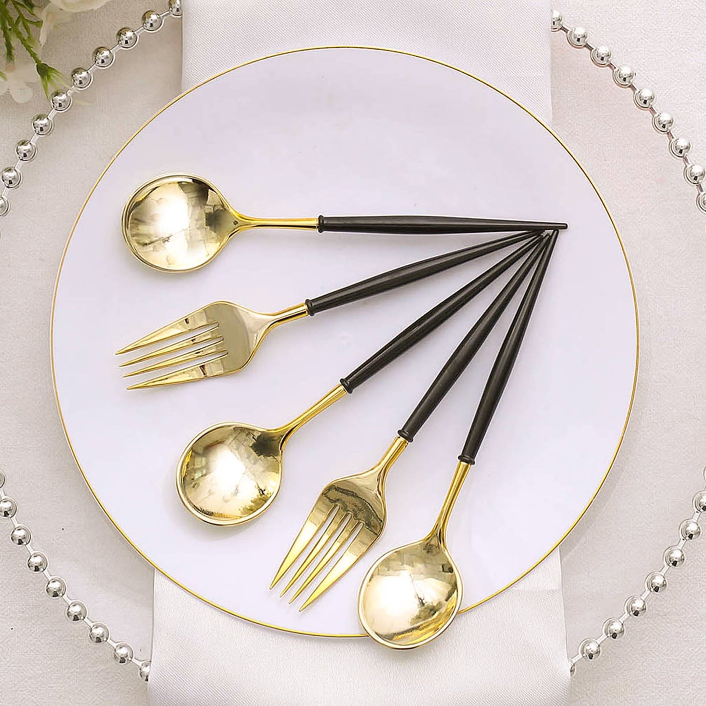 24 Pack | 6inch Gold / Black Premium Plastic Fork / Spoon Utensil Set