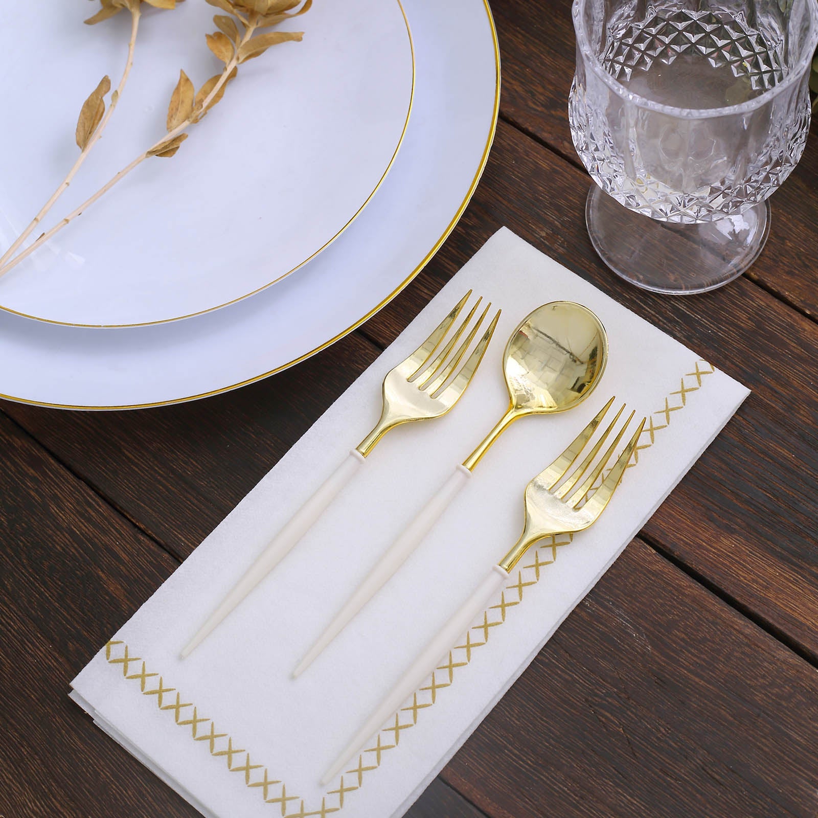 24 Pack | 6inch Gold / Ivory Premium Plastic Fork / Spoon Utensil Set