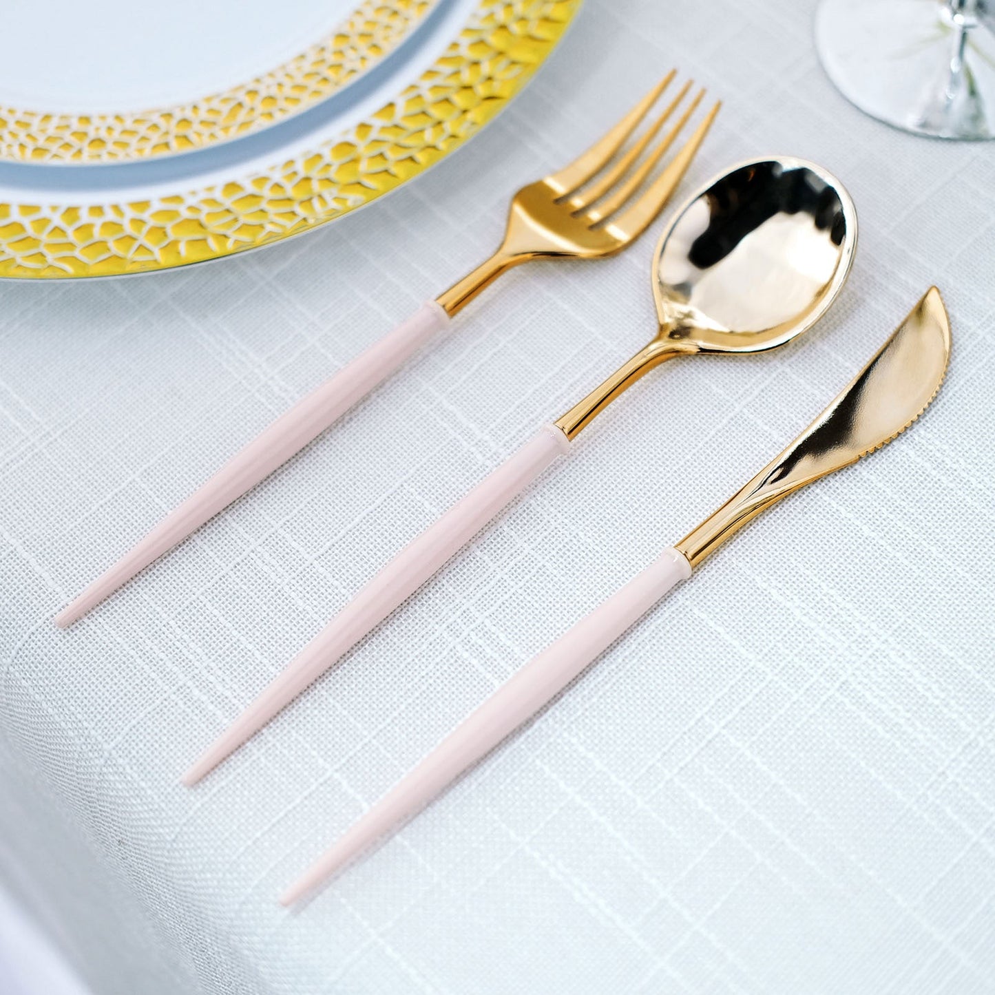 24 Pack Metallic Gold Modern Silverware Set With Blush Handle, 8" Premium Plastic Cutlery Set