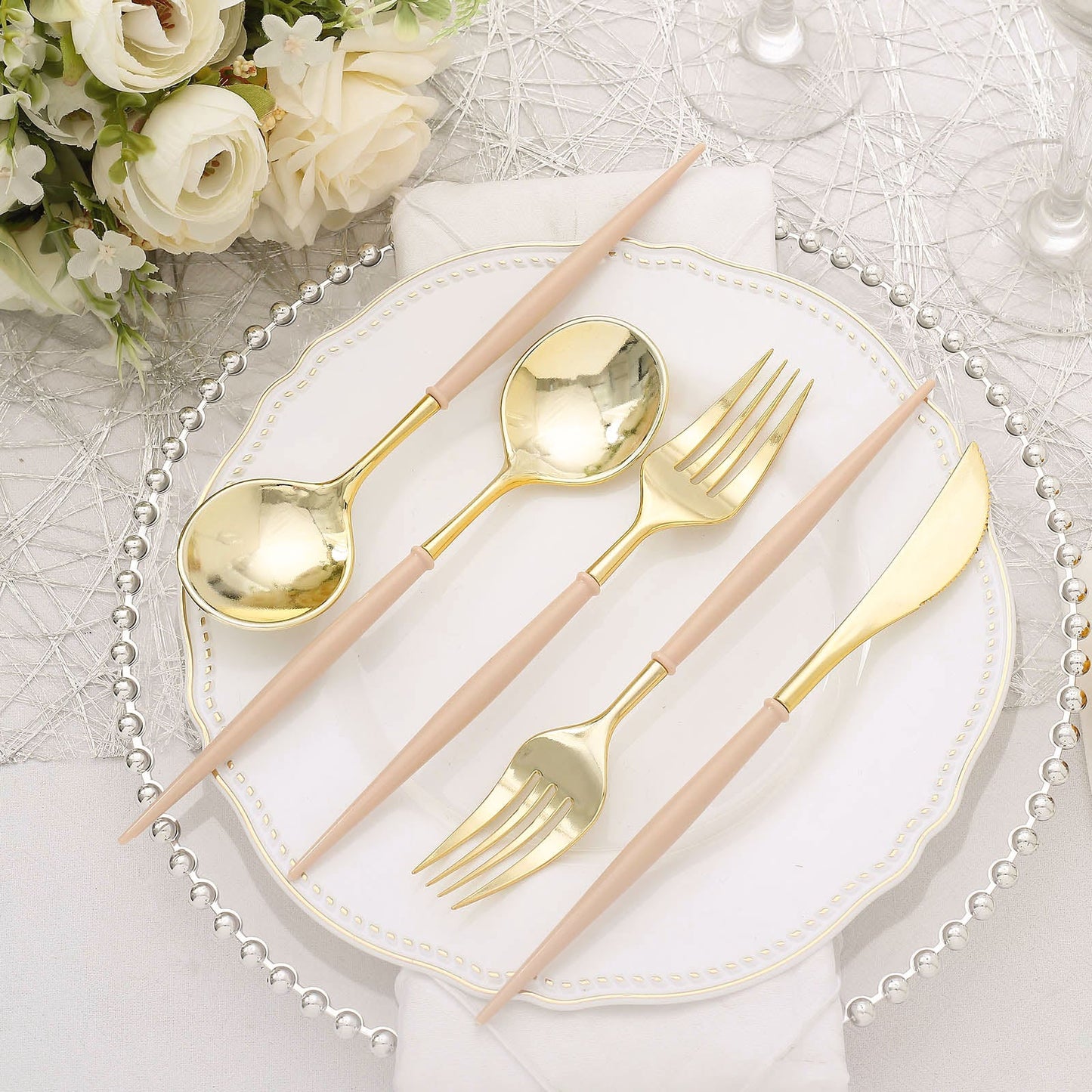 24 Pack | 8" Metallic Gold With Beige Silverware Set, Modern Premium Plastic Utensil Set