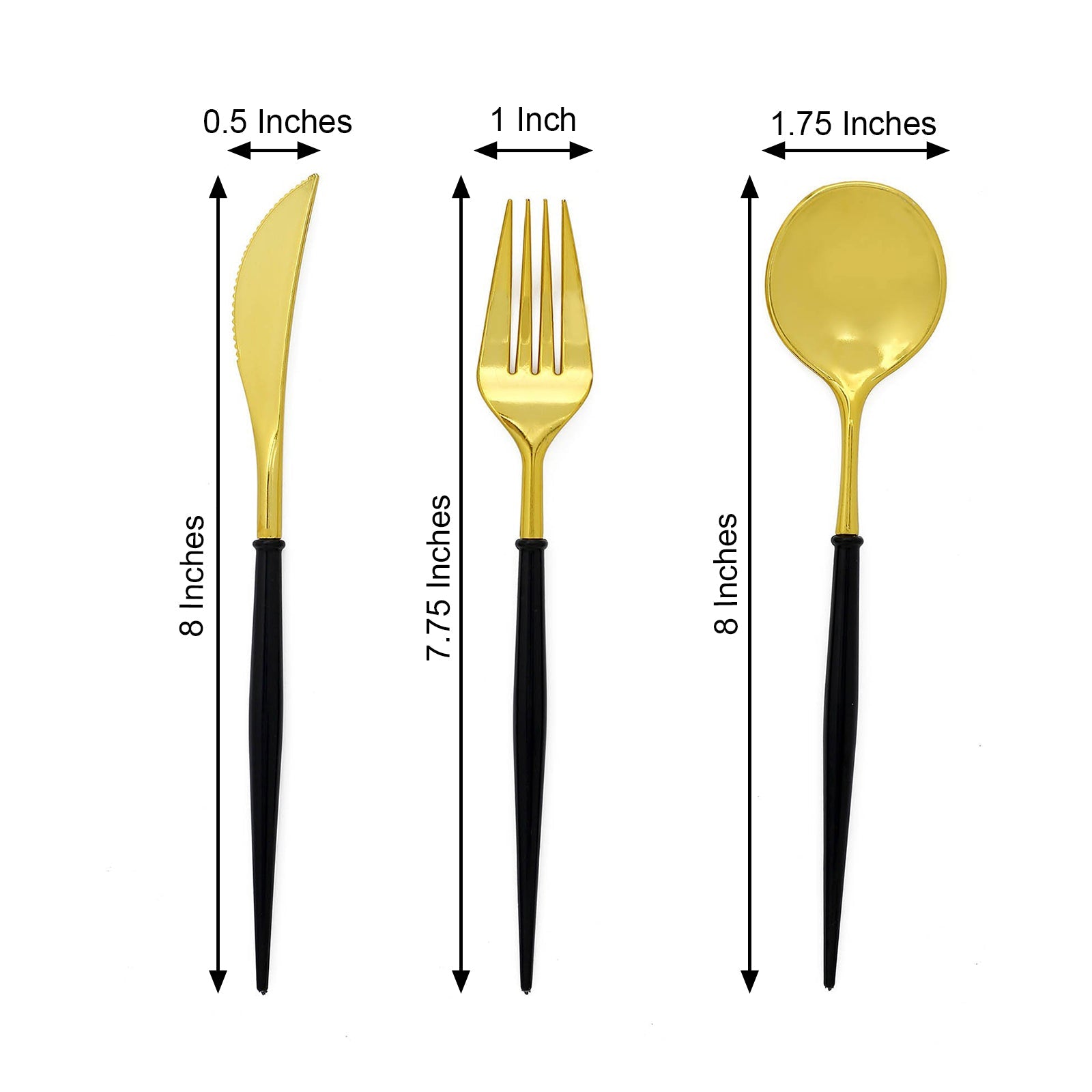 8 Inch 24 Pack Gold Modern Heavy Duty Plastic Disposable Cutlery Set with Black Handle