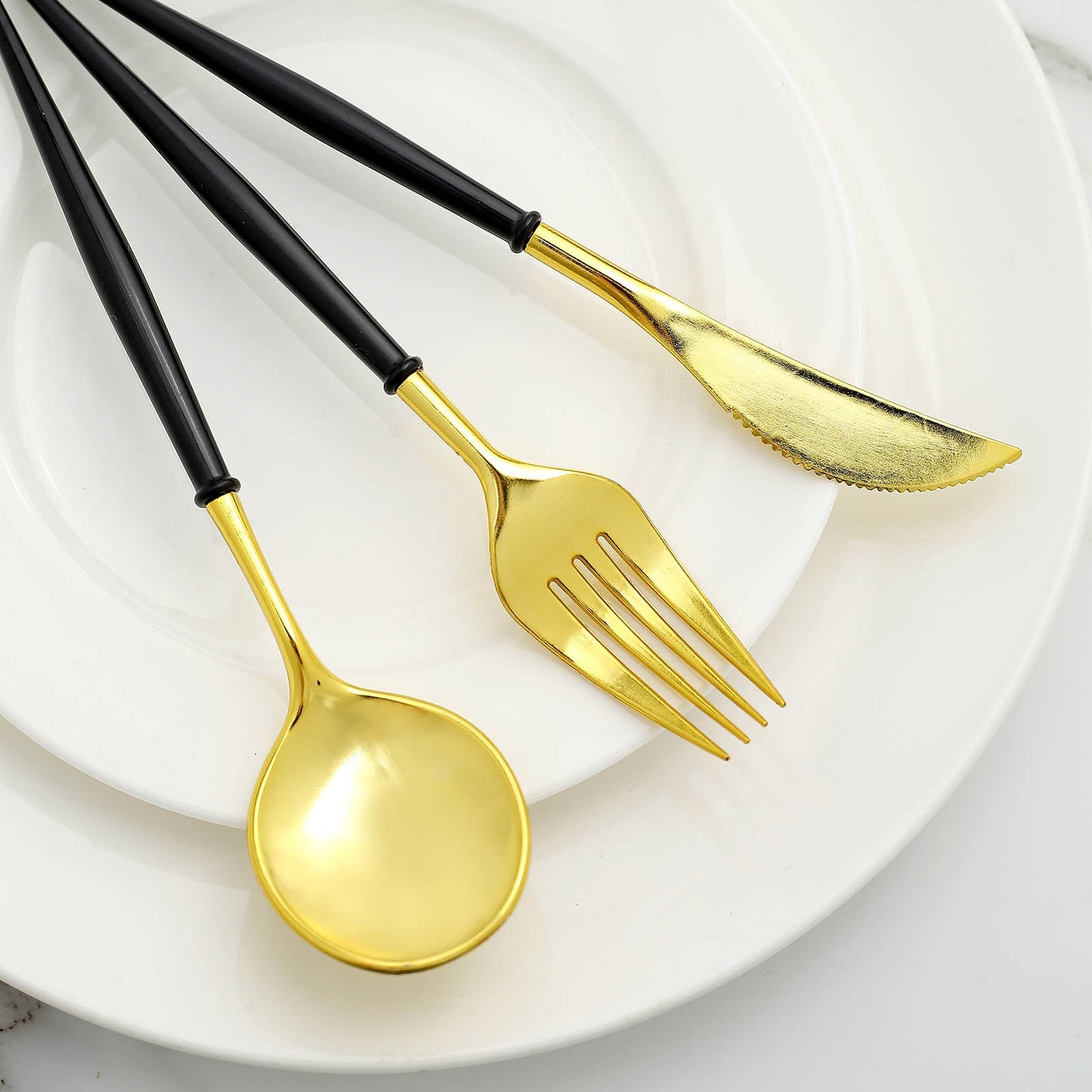 24 Pack Gold 8 Inch Modern Heavy Duty Plastic Disposable Cutlery Set with Black Handle