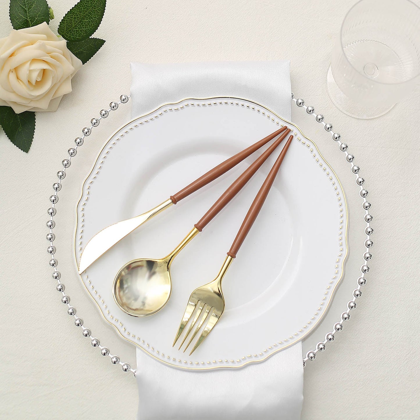 24 Pack | 8" Metallic Gold With Brown Utensil Set, Modern Premium Plastic Silverware Set