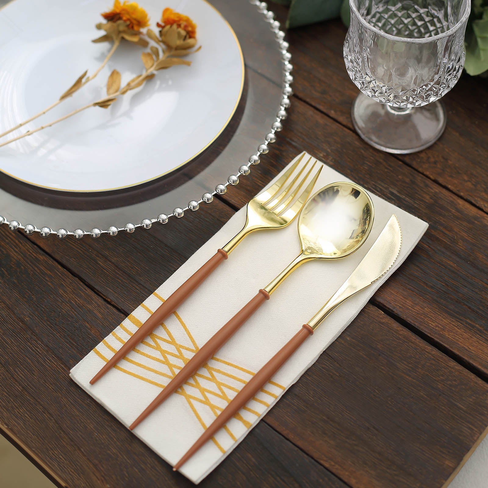 24 Pack | 8inch Metallic Gold With Brown Utensil Set, Modern Premium Plastic Silverware Set