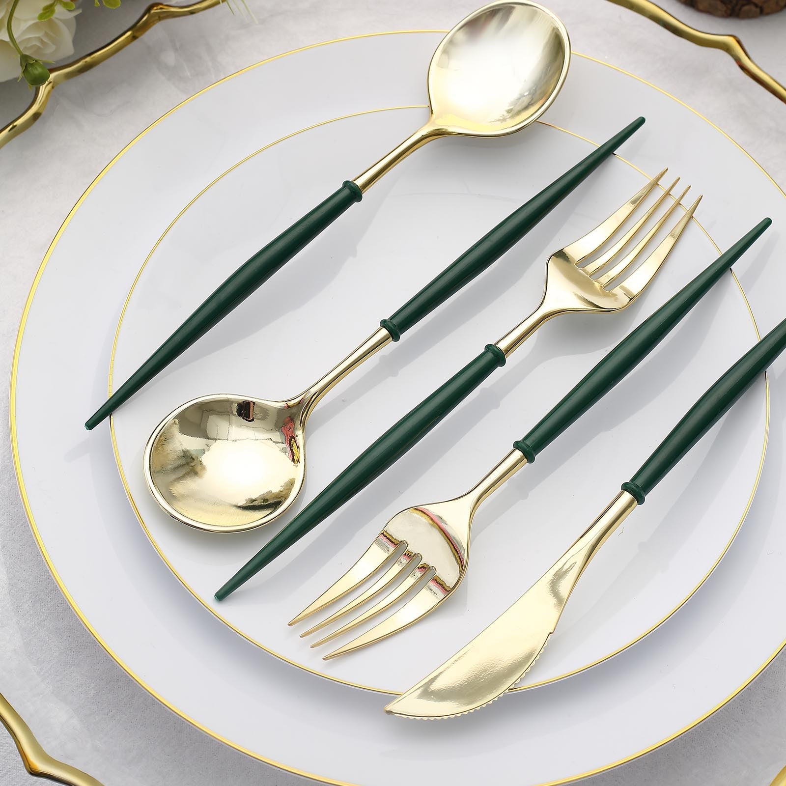 Premium Plastic Silverware Set In Metallic Gold And Hunter Green 24 Pack