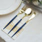 24 Pack | Metallic Gold Modern Silverware Set, Premium Plastic Cutlery Set With Royal Blue Handle - 8"