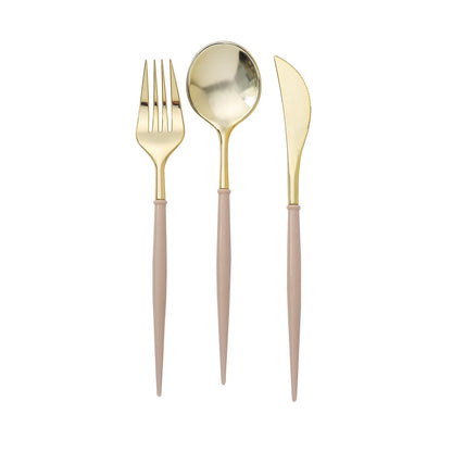 24 Pack | 8inch Metallic Gold With Beige Utensil Set, Modern Premium Plastic Silverware Set