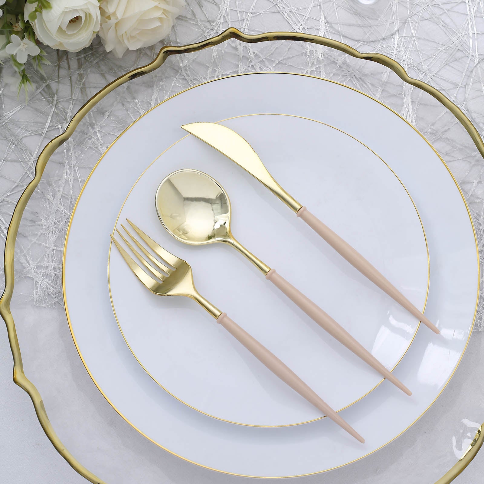 24 Pack | 8inch Metallic Gold With Beige Utensil Set, Modern Premium Plastic Silverware Set