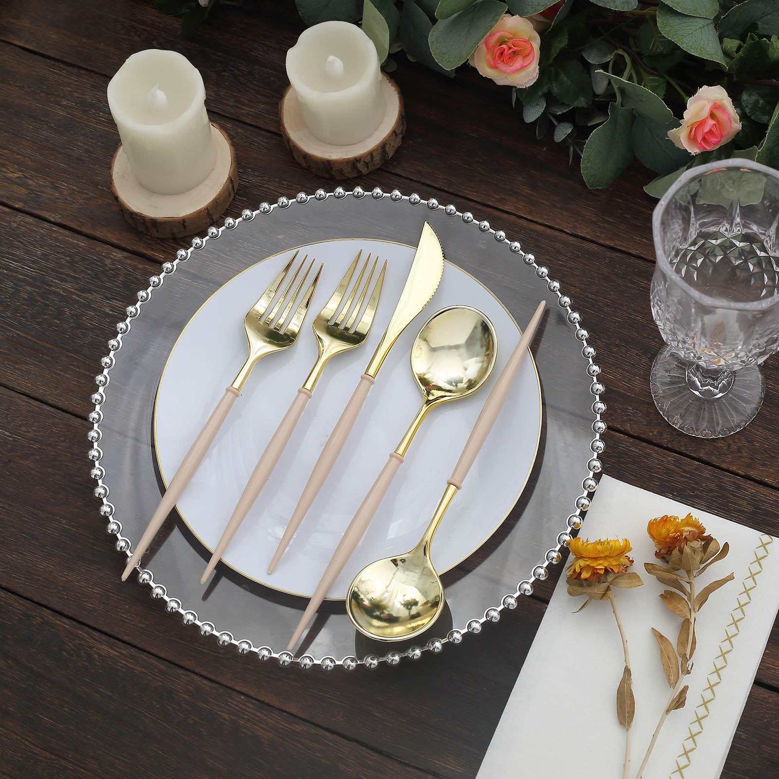 24 Pack | 8inch Metallic Gold With Beige Utensil Set, Modern Premium Plastic Silverware Set