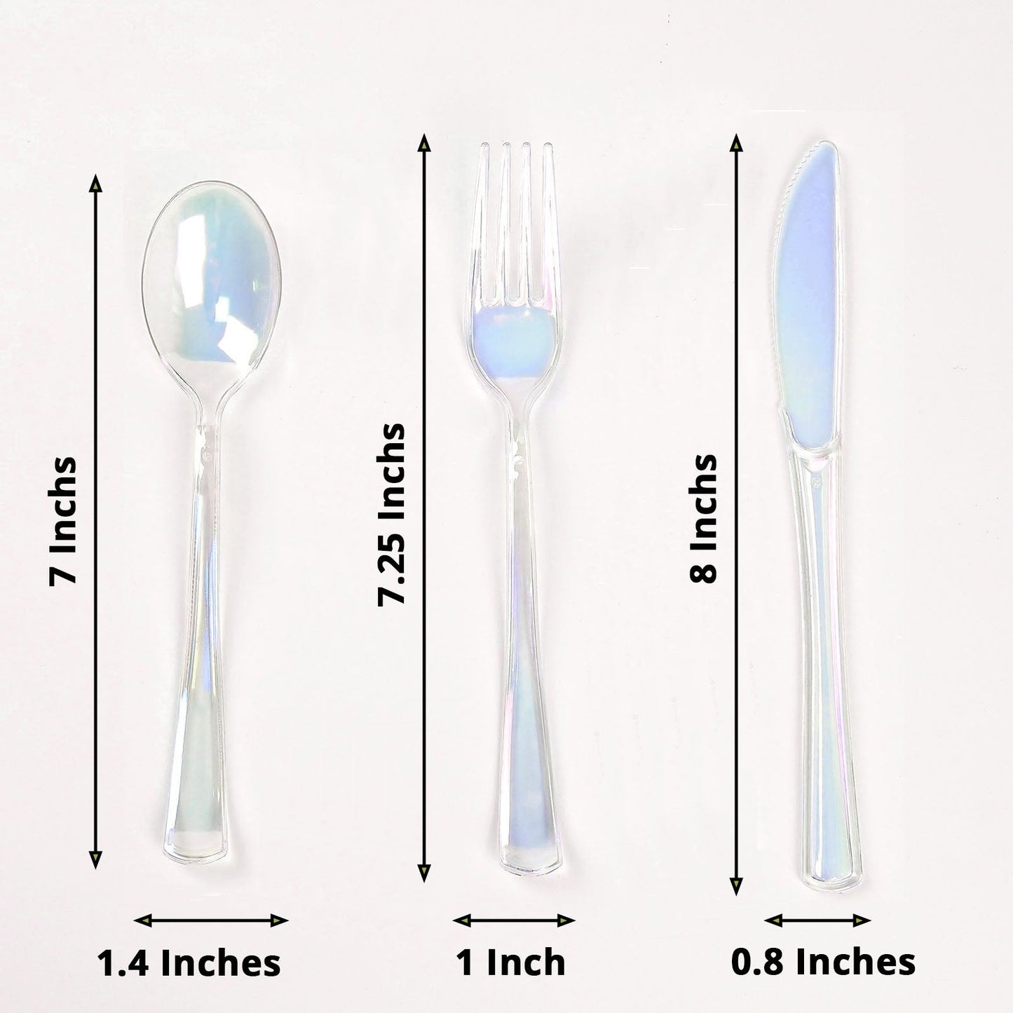 Iridescent disposable cutlery set, including spoon, fork, and knife.