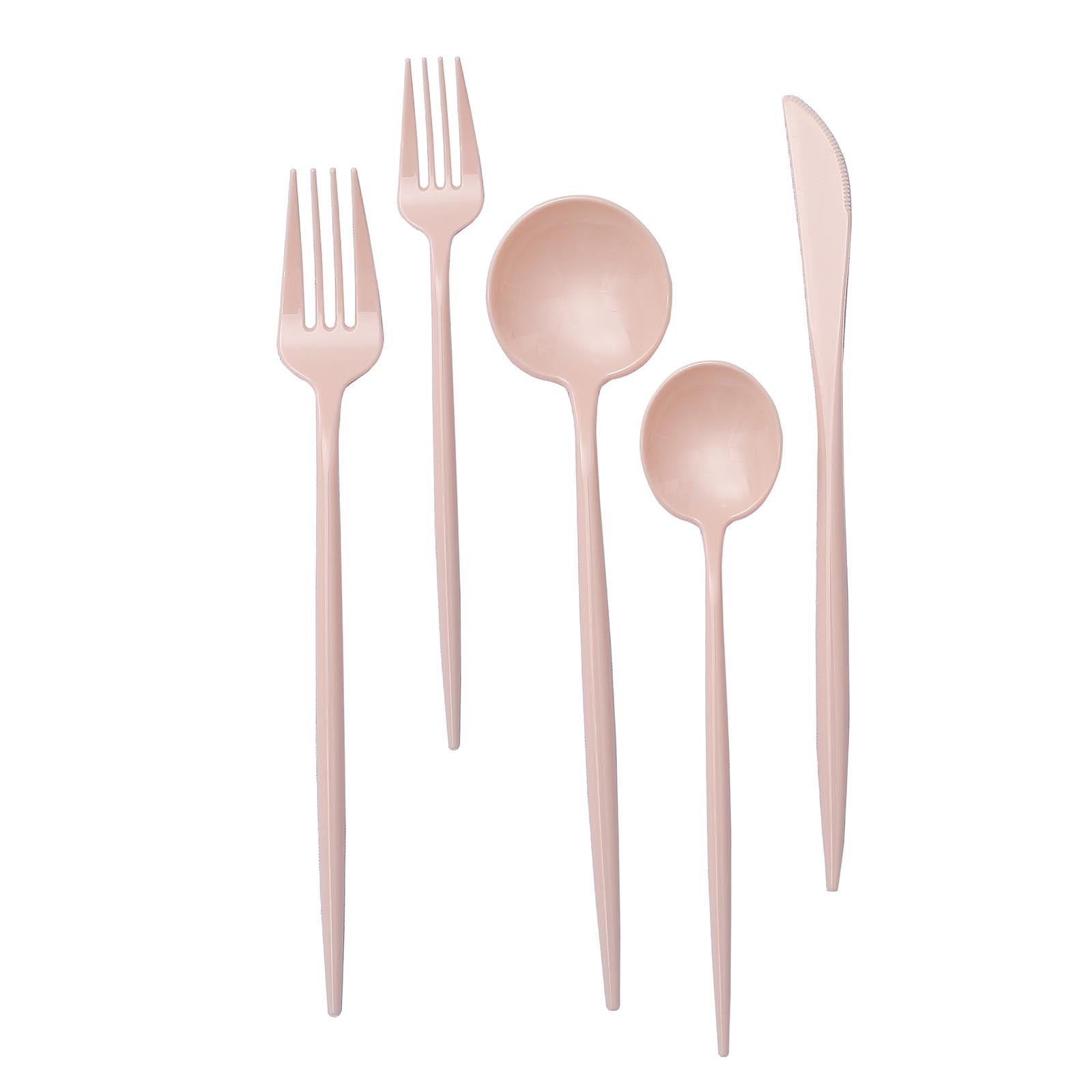 Blush pink heavy duty plastic utensils set for dinner and dessert.