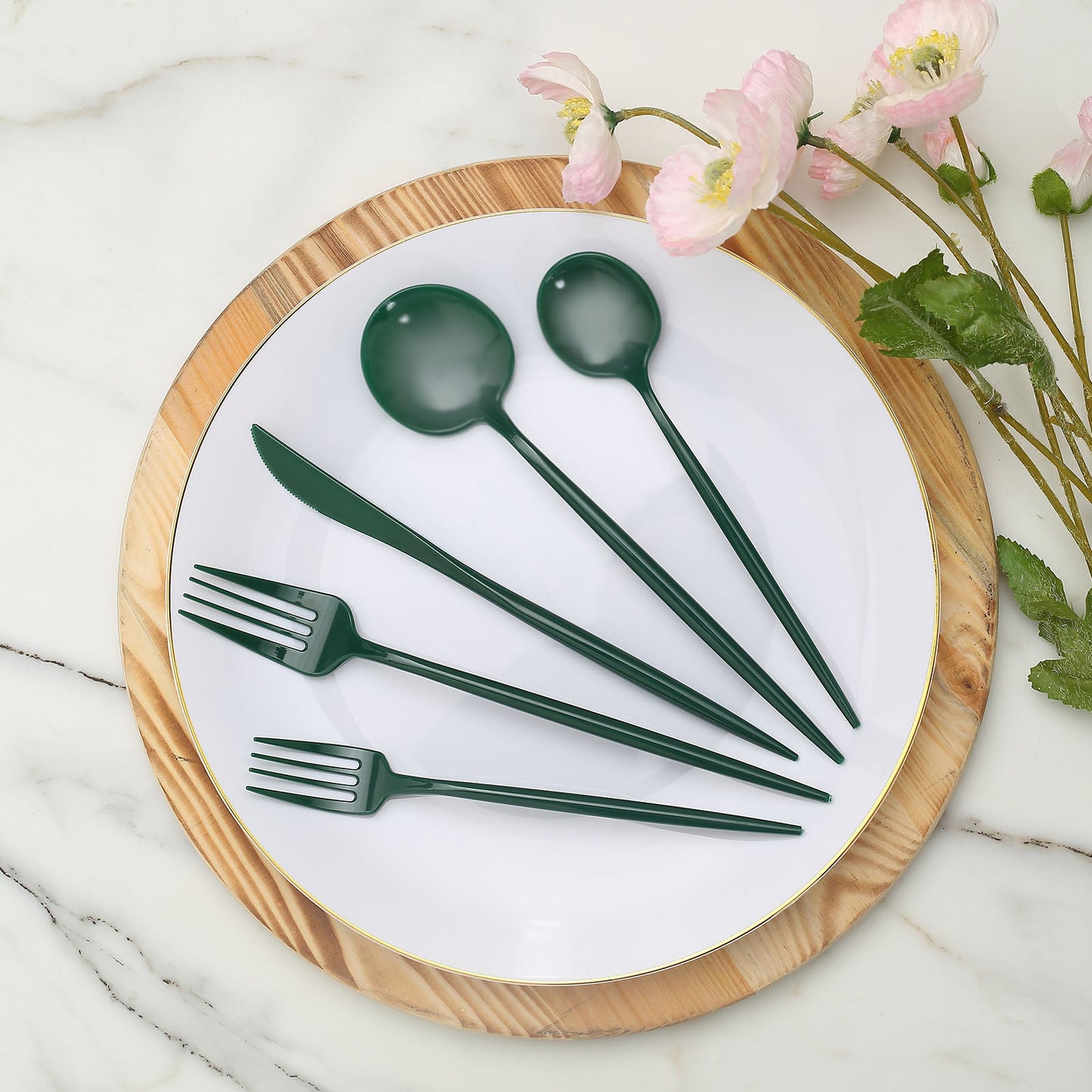 50 Pack Heavy Duty Plastic Utensil Set in Hunter Emerald Green, Disposable Dinner and Dessert Cutlery Combo Set