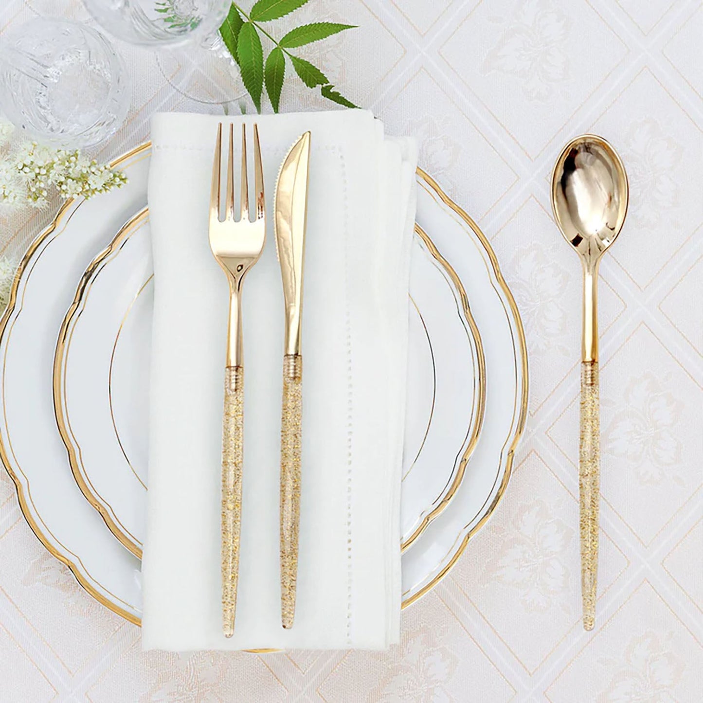 24 Pack | 8" Gold Glittered Disposable Cutlery Set, Plastic Silverware
