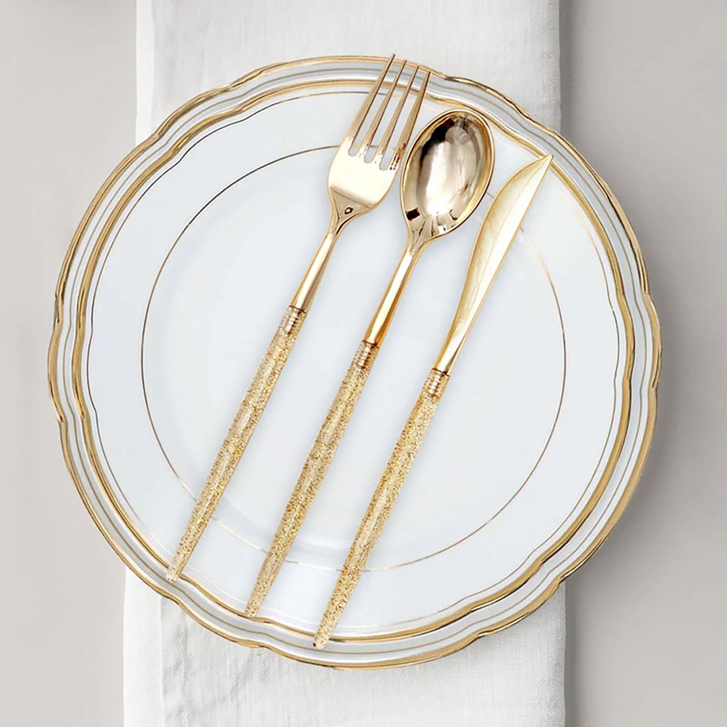 8 Inch Disposable Glittered Gold Plastic Cutlery Set 24 Pack