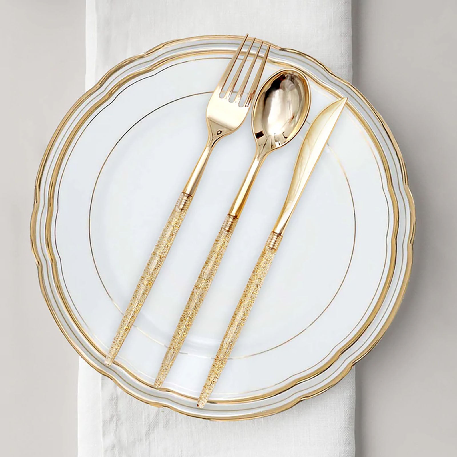 8 Inch Disposable Glittered Gold Plastic Cutlery Set 24 Pack