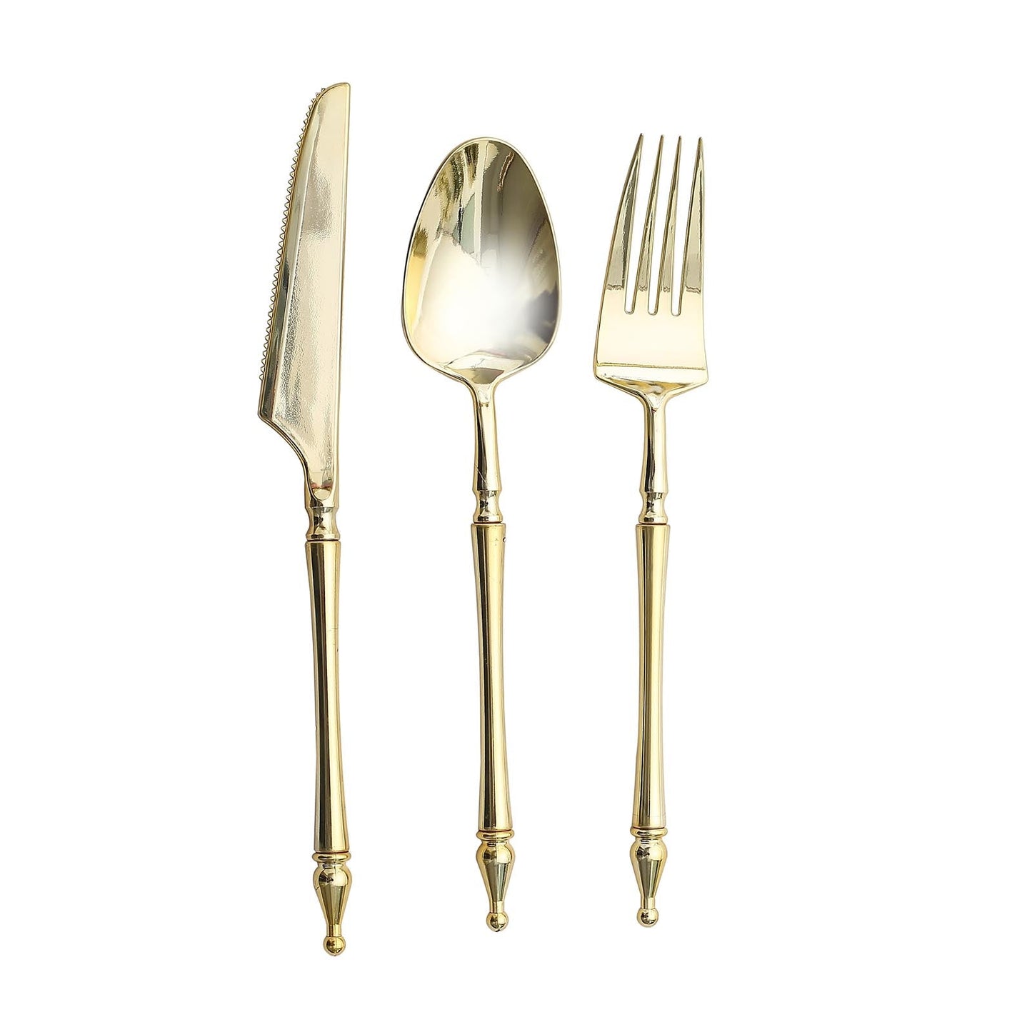 Gold disposable utensils with Roman column handles, including fork, spoon, and knife.