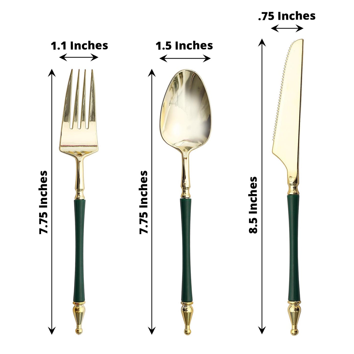 Gold and hunter emerald green disposable utensil set with Roman column handle.