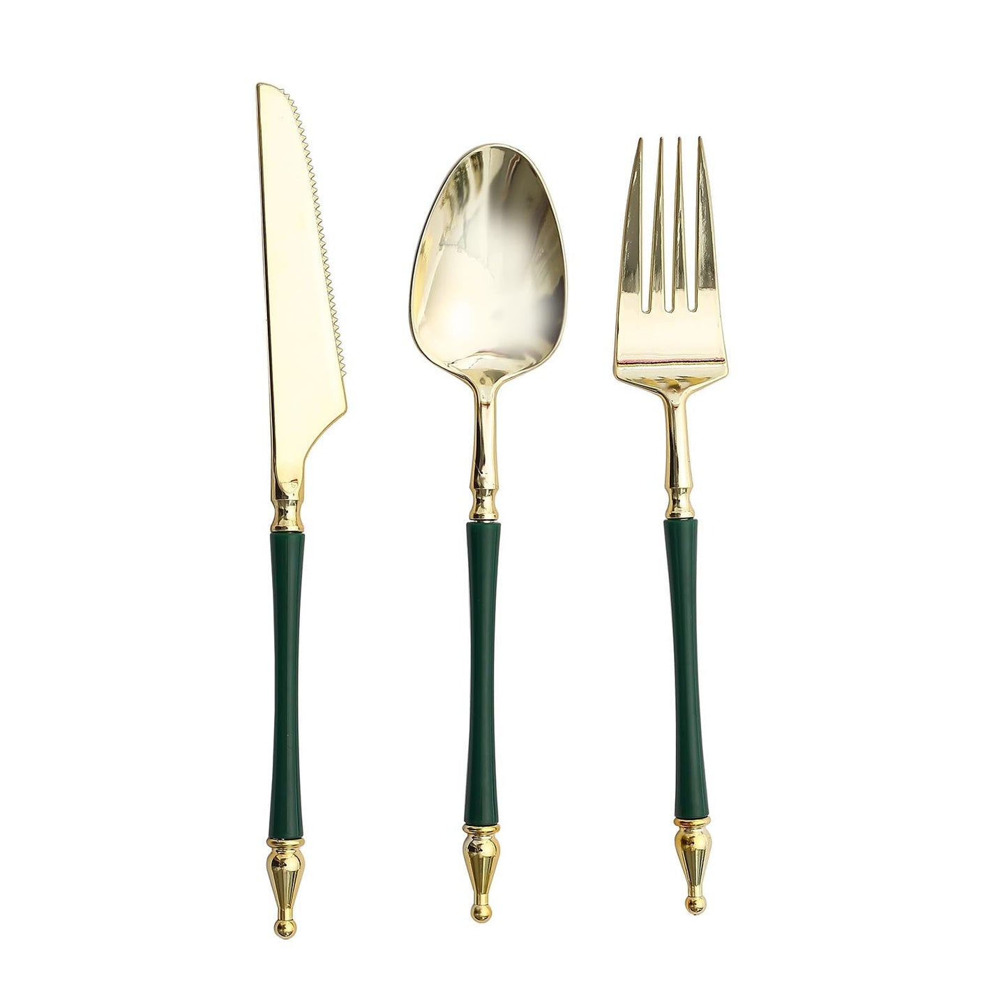 Gold and hunter emerald green disposable utensil set with Roman column handle.