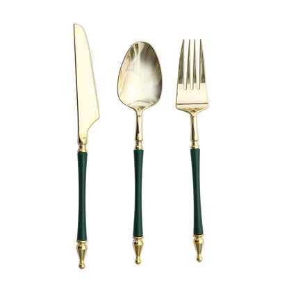 Gold and hunter emerald green disposable utensil set with Roman column handle.