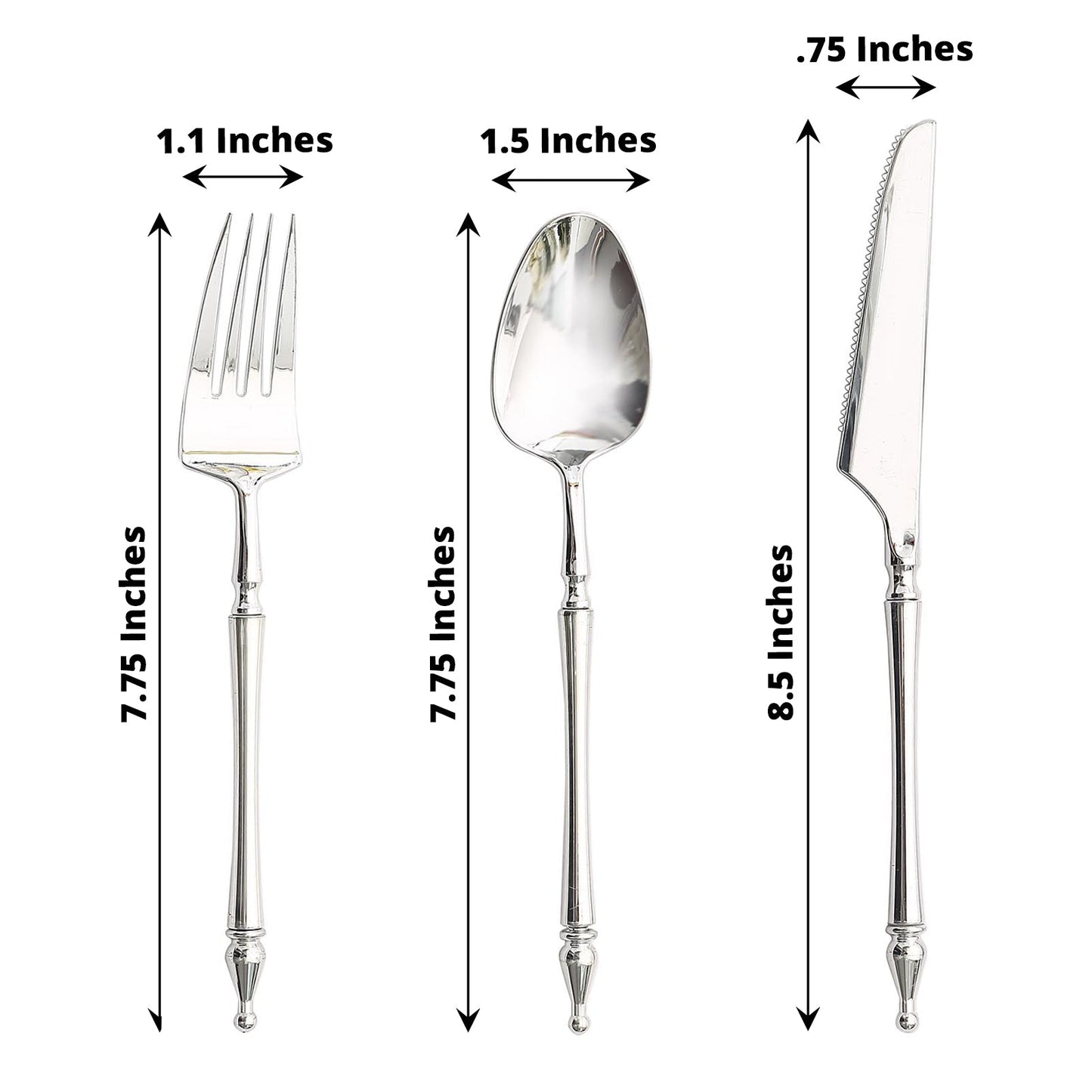 Silver disposable utensil set with Roman column handle, fork, spoon, and knife.