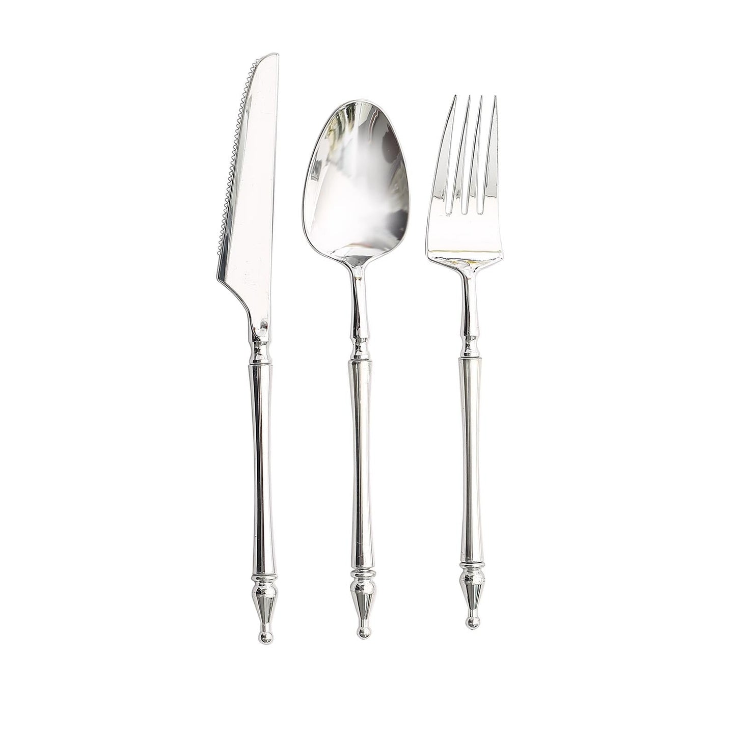 Silver plastic utensil set with Roman column handle, disposable fork, spoon, and knife.