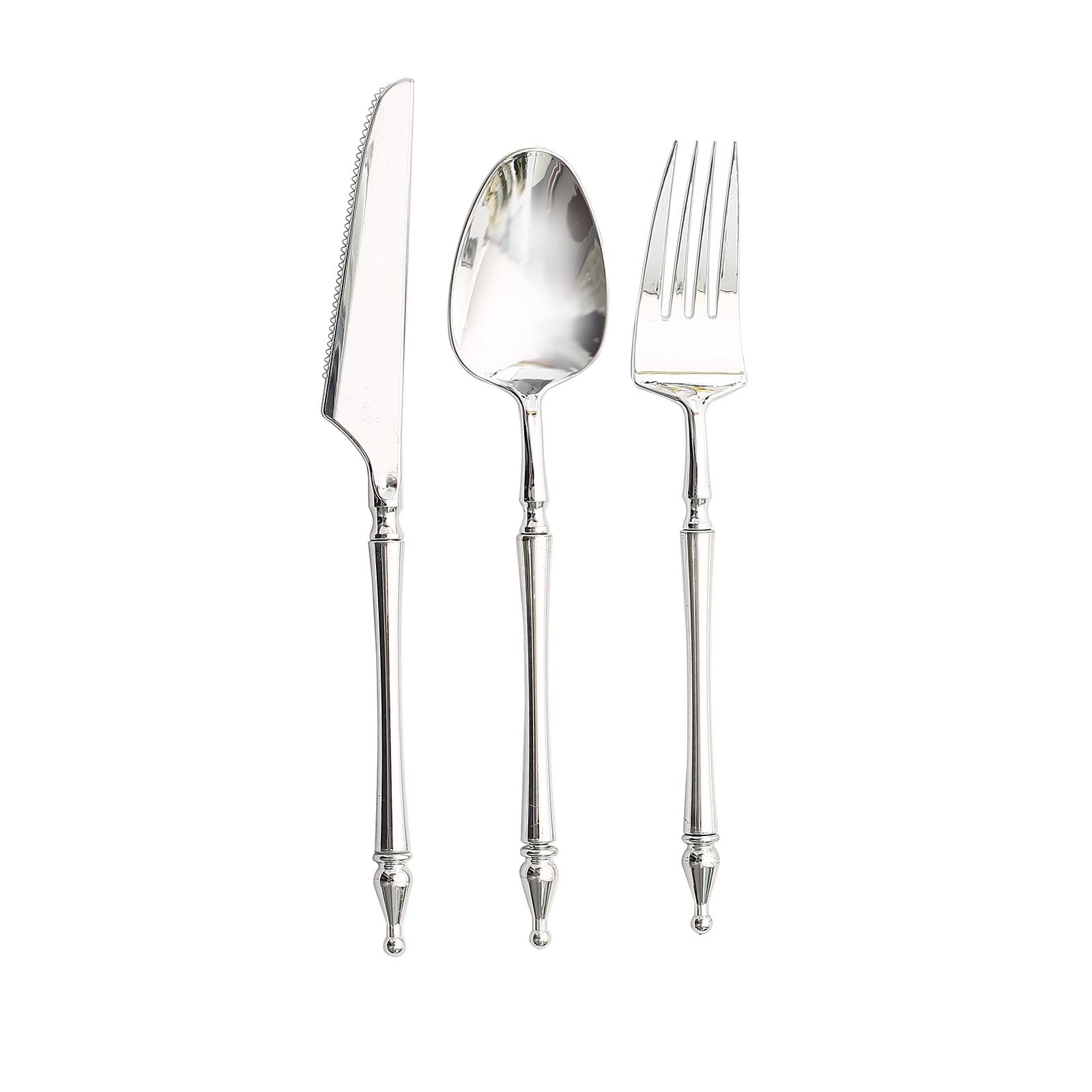Silver plastic utensil set with Roman column handle, disposable fork, spoon, and knife.