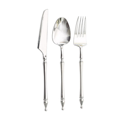 Silver plastic utensil set with Roman column handle, disposable fork, spoon, and knife.